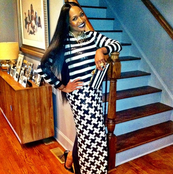 Marlo Hampton's Instagram Marc Jacobs Spring 2013 Black and White Mixed Print Gown, Christian Louboutin Pumps, and Kotur Clutch